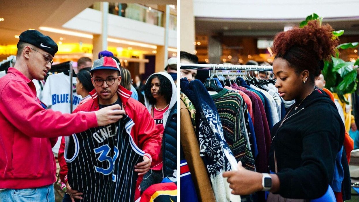 People browse sports jerseys and sweaters at a thrifting event by "The Street Market."