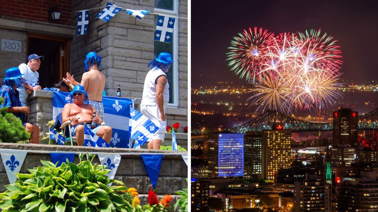 People celebrating Saint-Jean-Baptiste Day. Right: Fireworks over the Montreal skyline.