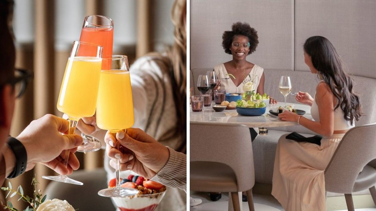 People clinking glasses filled with mimosas together. Right: Two people enjoying lunch at Lloyd in Montreal.