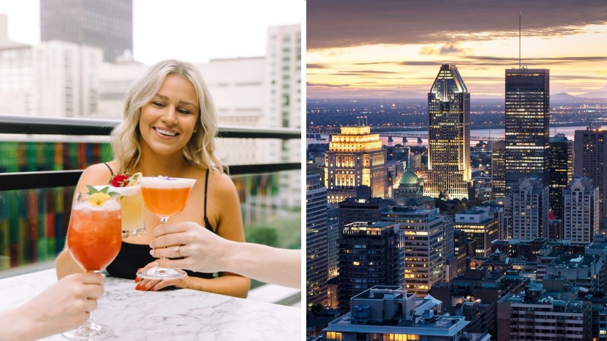 People clinking their glasses together at Montreal's new rooftop terrasse. Right: The Montreal skyline at night taken from the Mont-Royal lookout.