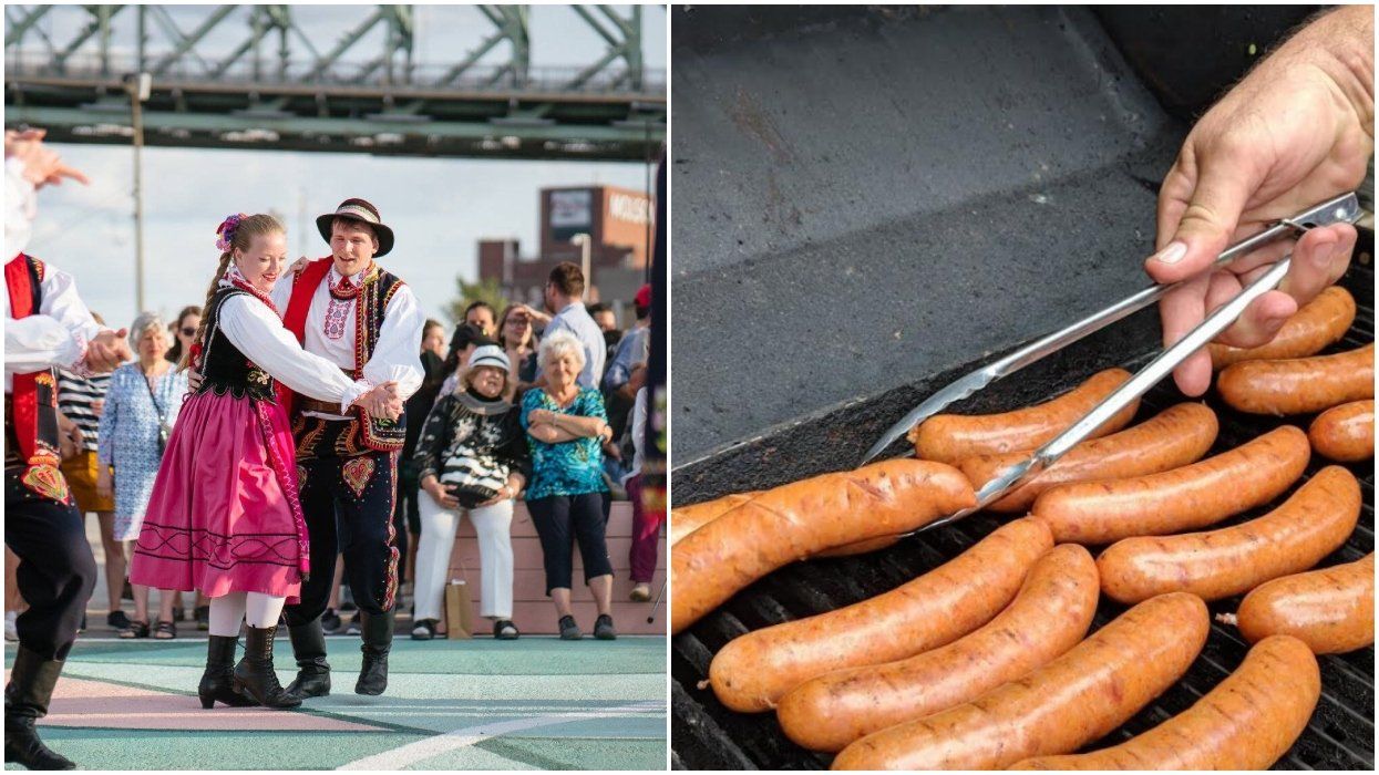 People dance at a Polish festival in Montreal. Right: Sausages on a grill.