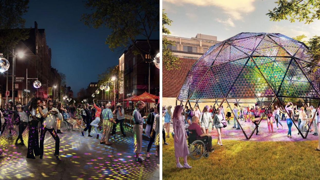 People dance in the street under illuminated disco balls that cast colourful light designs onto the pavement. Right: A giant multi-coloured dome in a park creates rainbow designs on the ground while visitors stand underneath.