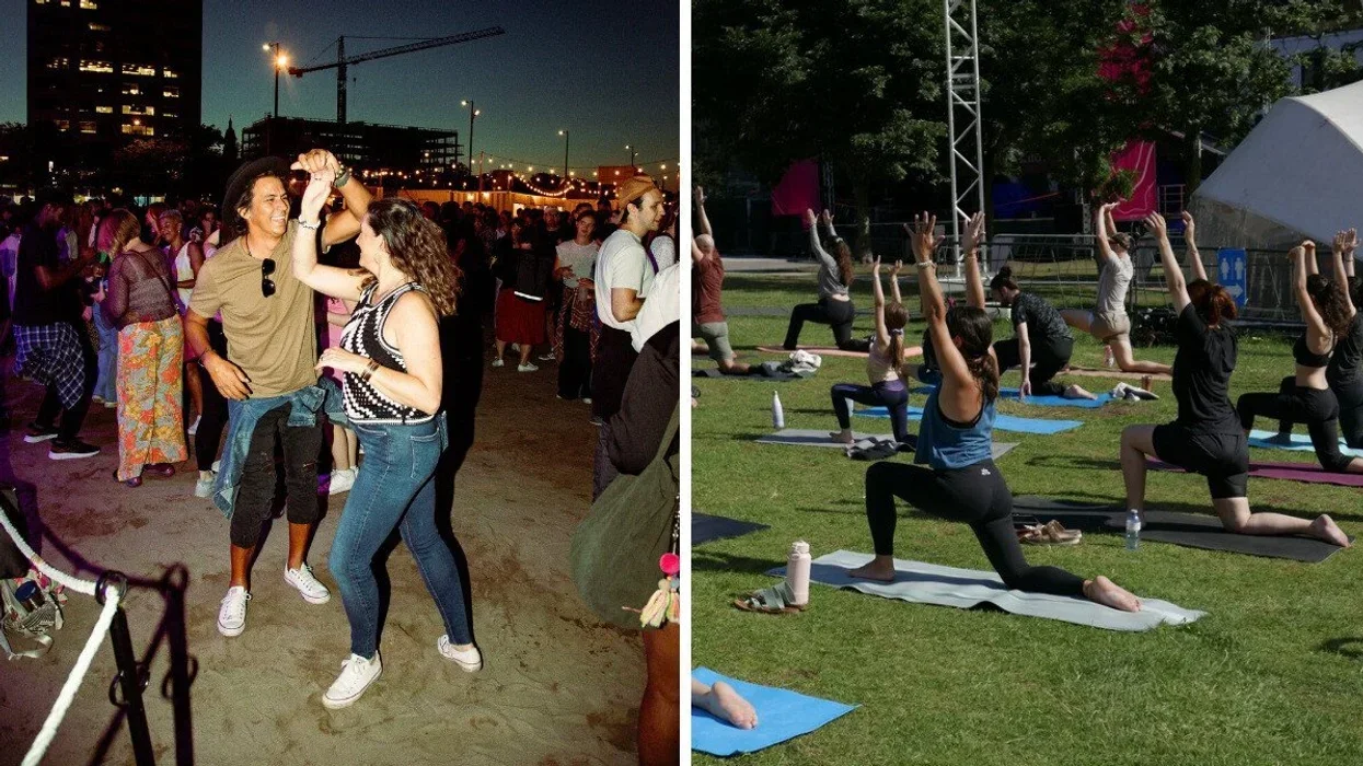 People dance on the beach at night. Right: A group of people doing yoga on a grass field after dark.