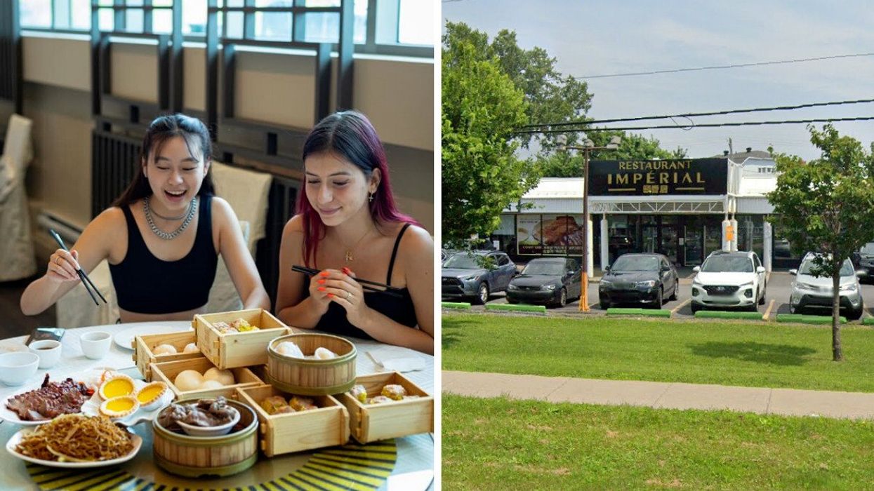 People enjoy a Chinese feast. Right: The exterior or Imperial Restaurant in Brossard, QC.