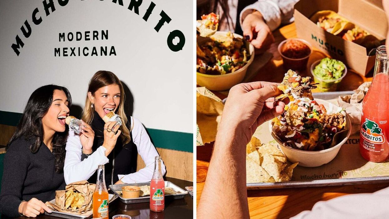 People enjoying burritos and nachos at Mucho Burrito with Jarritos drinks.