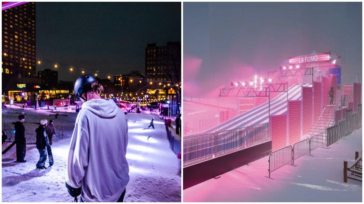 People enjoying Glissades Gamelin in downtown Montreal.