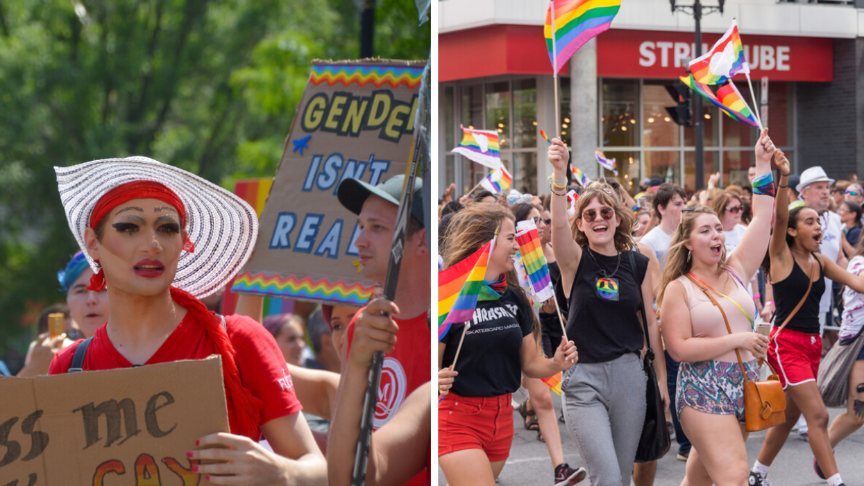 People hold signs at a Montreal Pride Parade. Right: Pride participants wave rainbow flags.
