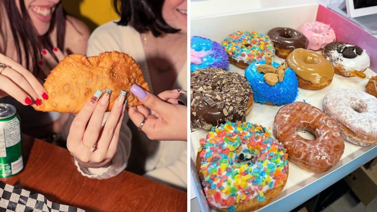People hold up an empanada from L'Arrêt. Right: A box full of colourful donuts from Homer's.