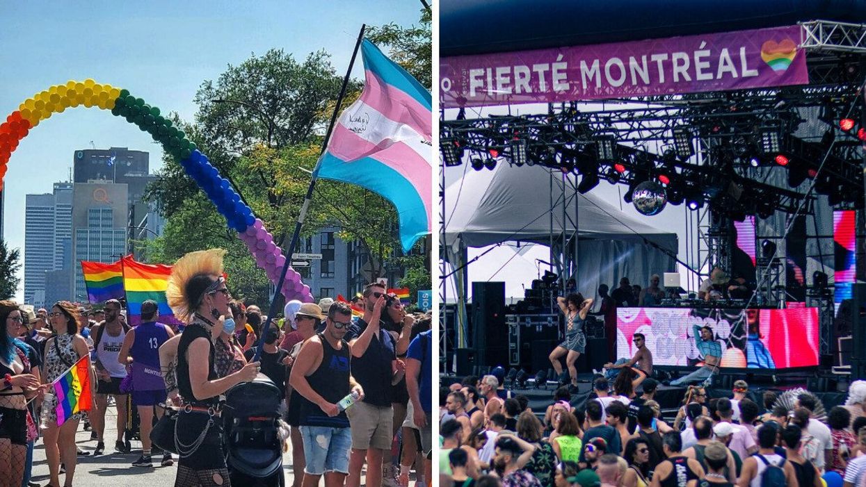People hold up trans and rainbow pride flags near a balloon arch. Right: Dancers at the Mundo Disko stage.