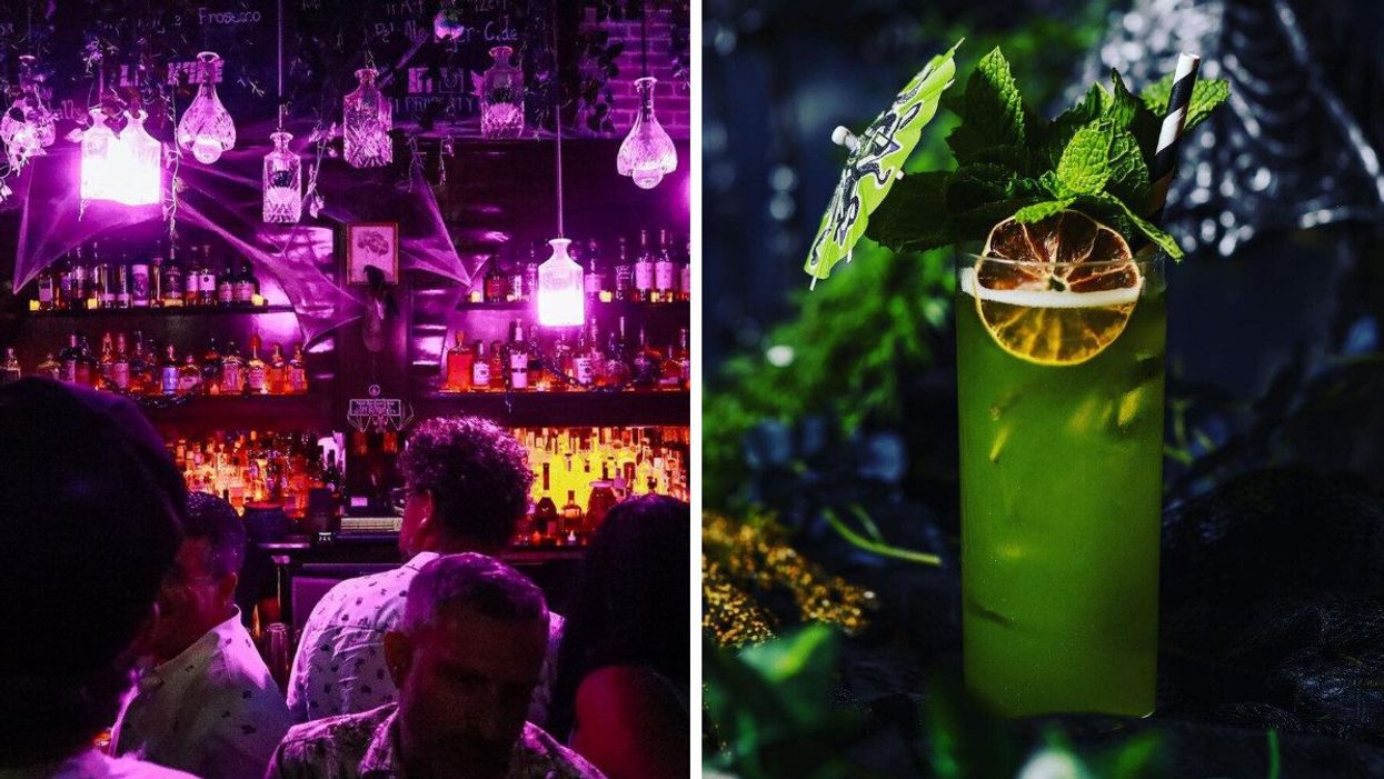 People in a purple-lit bar covered in cobwebs. Right: A green drink.