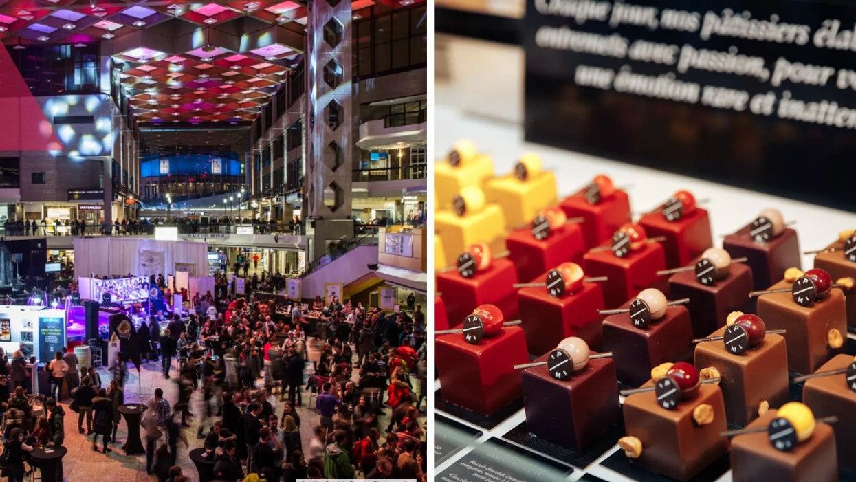 People in Complexe Desjardins. Right: Rows of white, red and dark chocolate cubes.