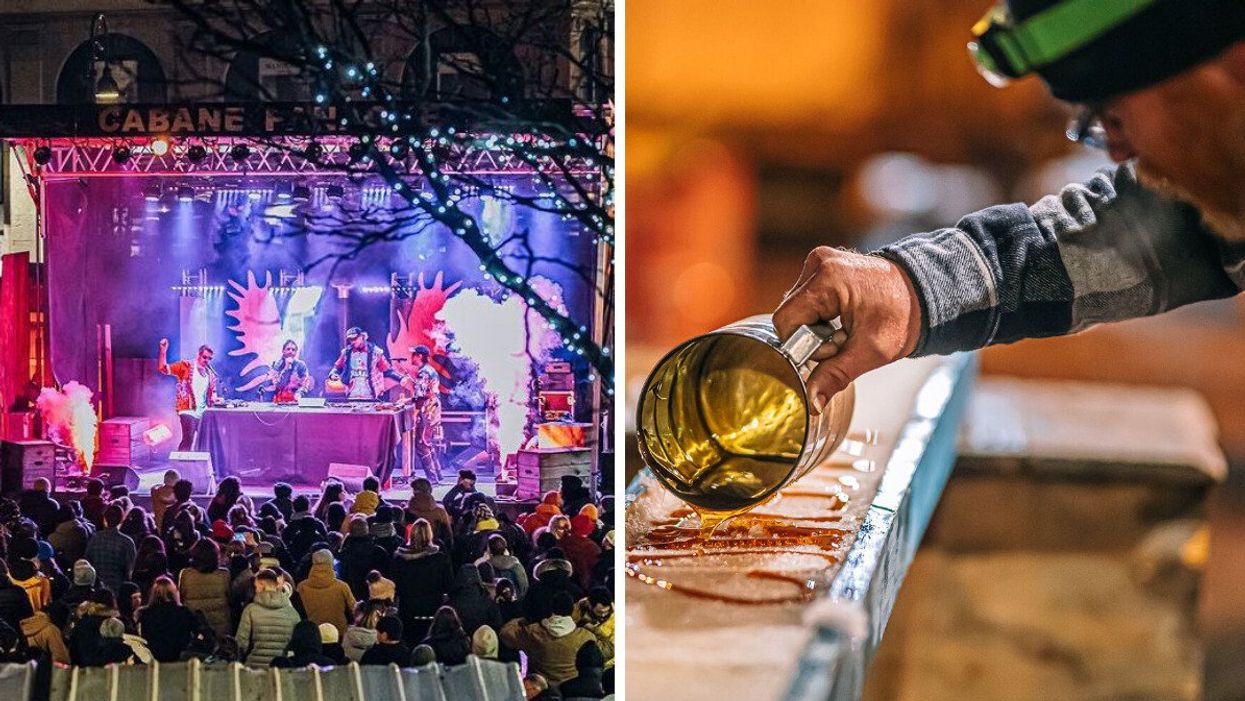 People in front of a stage at Cabane Panache. Right: Someone pours maple syrup on ice.