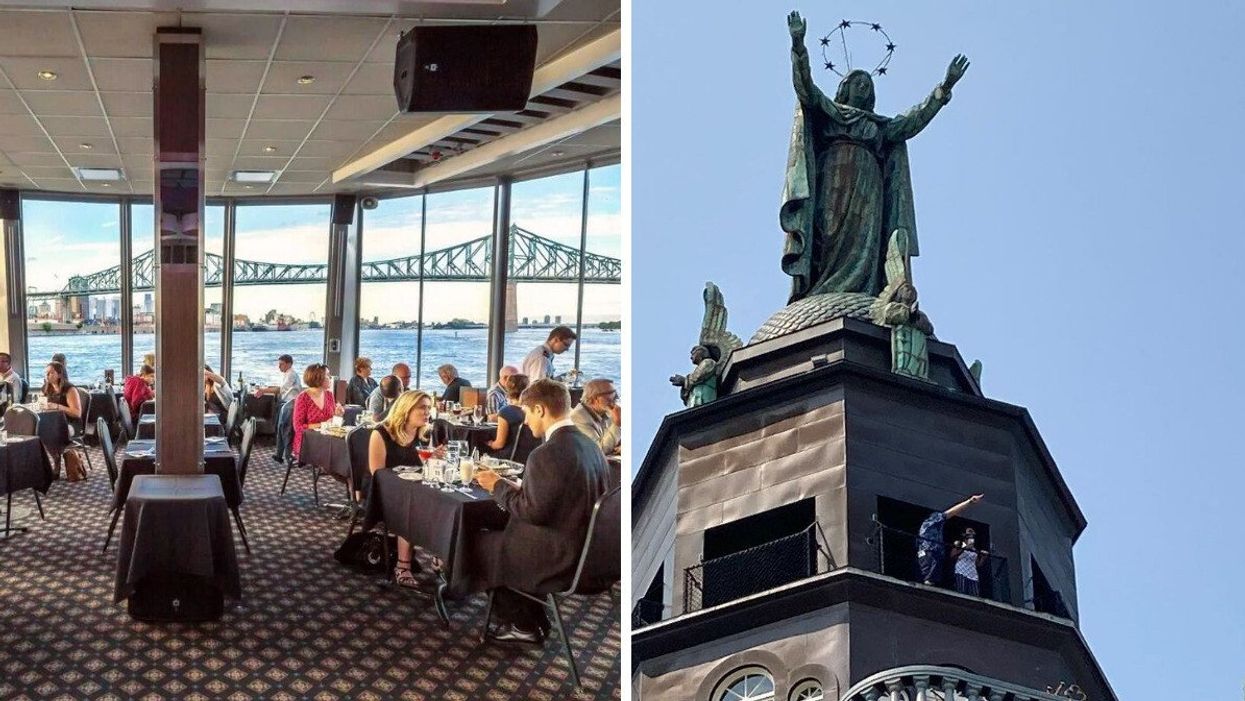 People in the dining room of a boat overlooking the Saint-Lawrence. Right: People at the Bon Secours outlook.