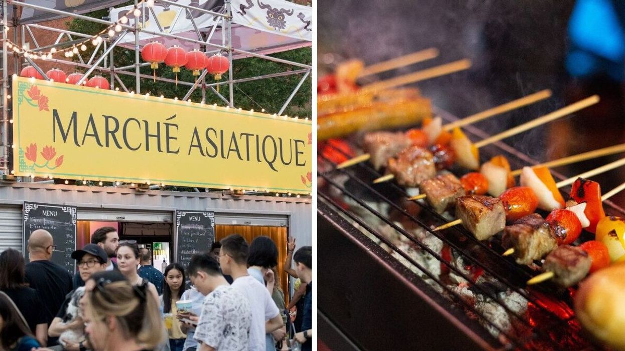 People line up to order drinks from a Marché Asiatique booth. Right: Skewers on a charcoal grill.