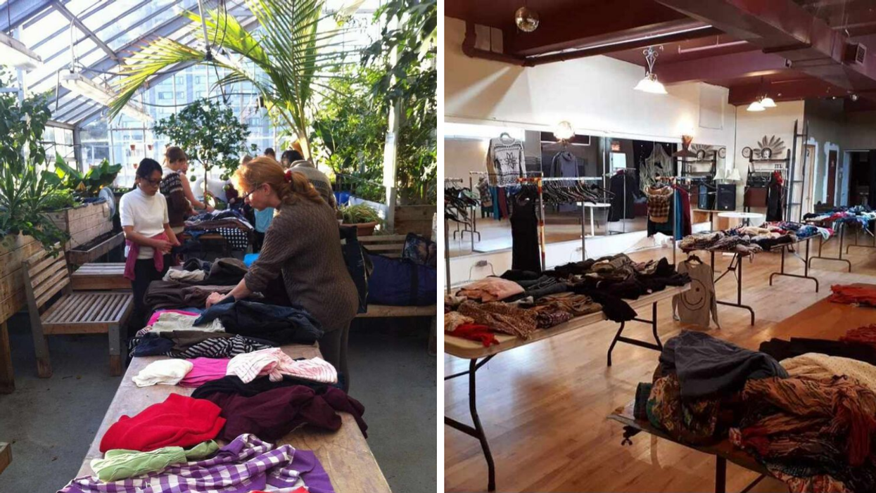 People look through clothing in a bright, plant-filled space. Right: A room with clothes set on tables.