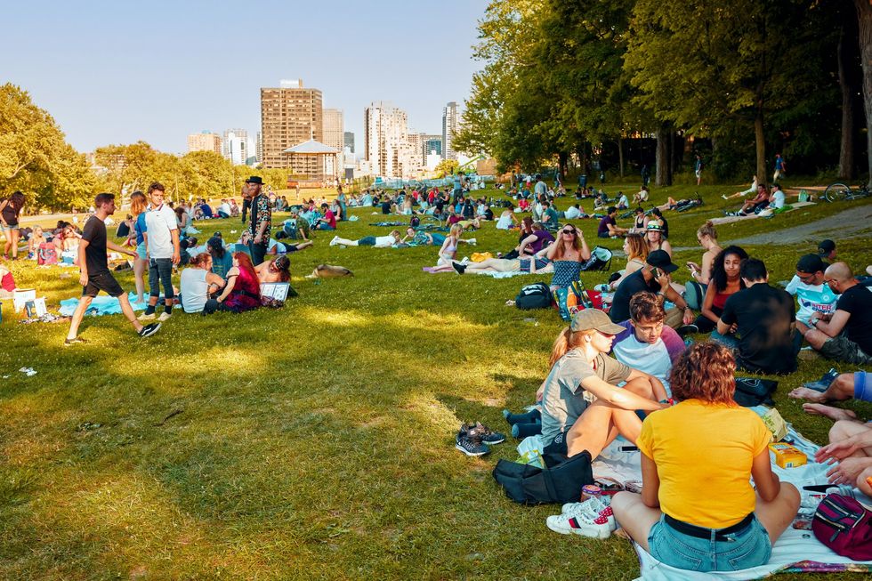People picnic in Montreal's Mount Royal Park during the Tam-Tams summer drumming event.