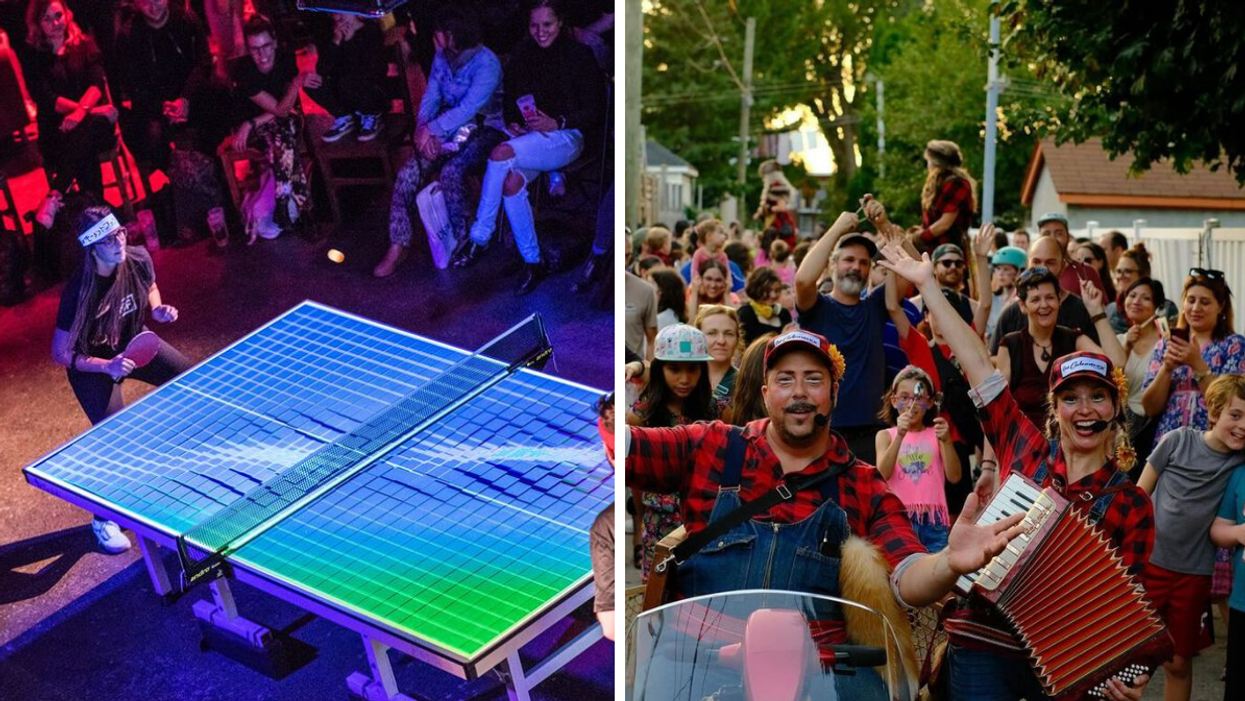 People play a game of glow-in-the-dark table tennis (ping pong), as a crowd watches. Right: A group of people partying in a Montreal alleyway.