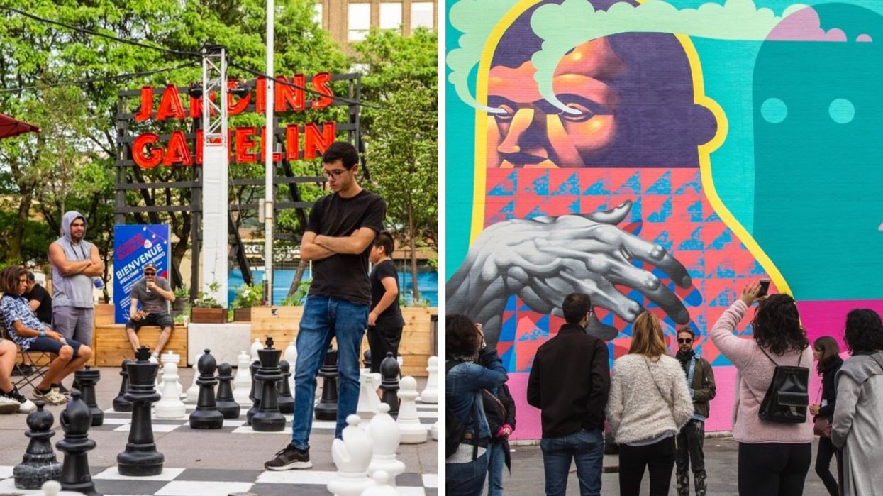People playing giant chess outdoors at a Montreal park. Right: A group of people looking at a massive painted mural in Montreal. 