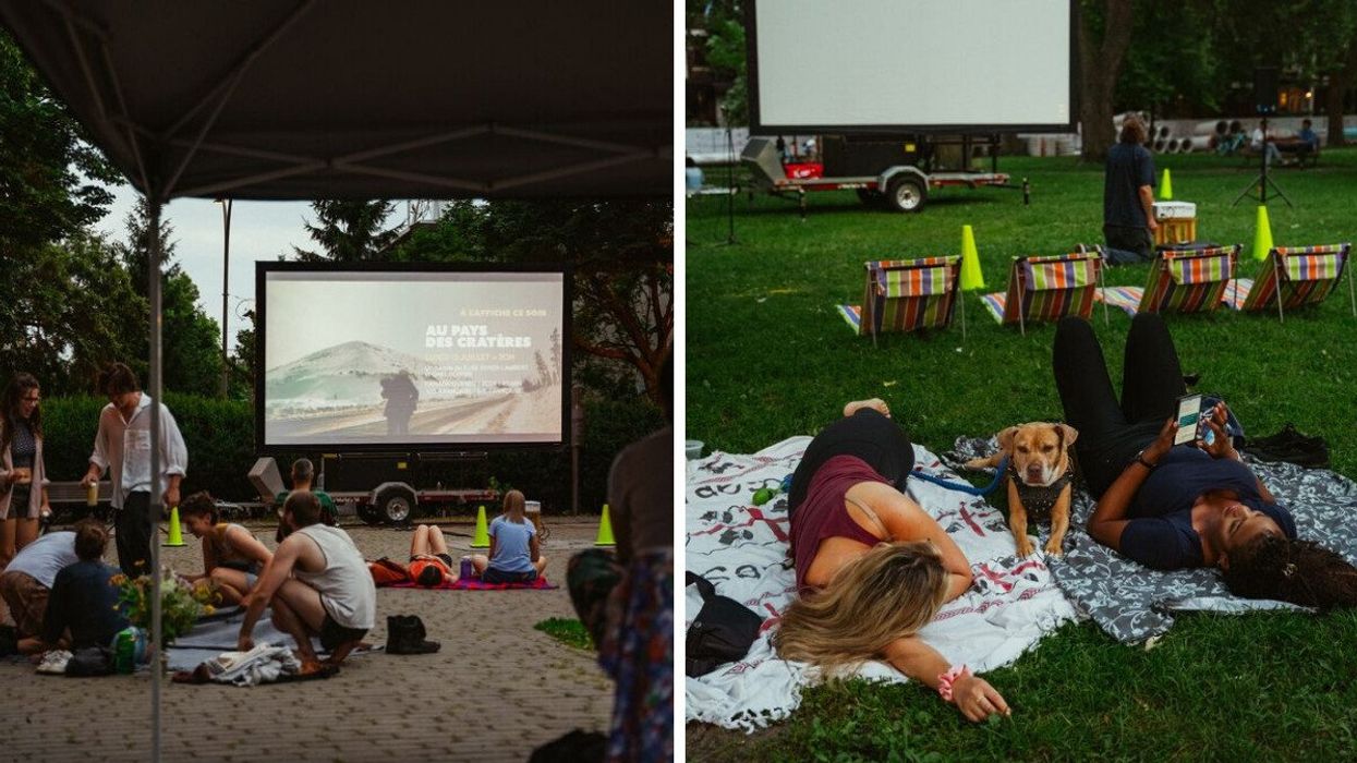 People prepare to watch a movie in a park. Right: People lying down in a Montreal park.