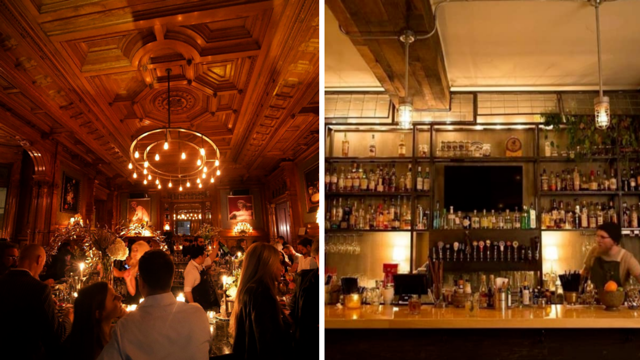 People sit around the bar at Bar George. Right: Someone stands behind the bar at Knox.