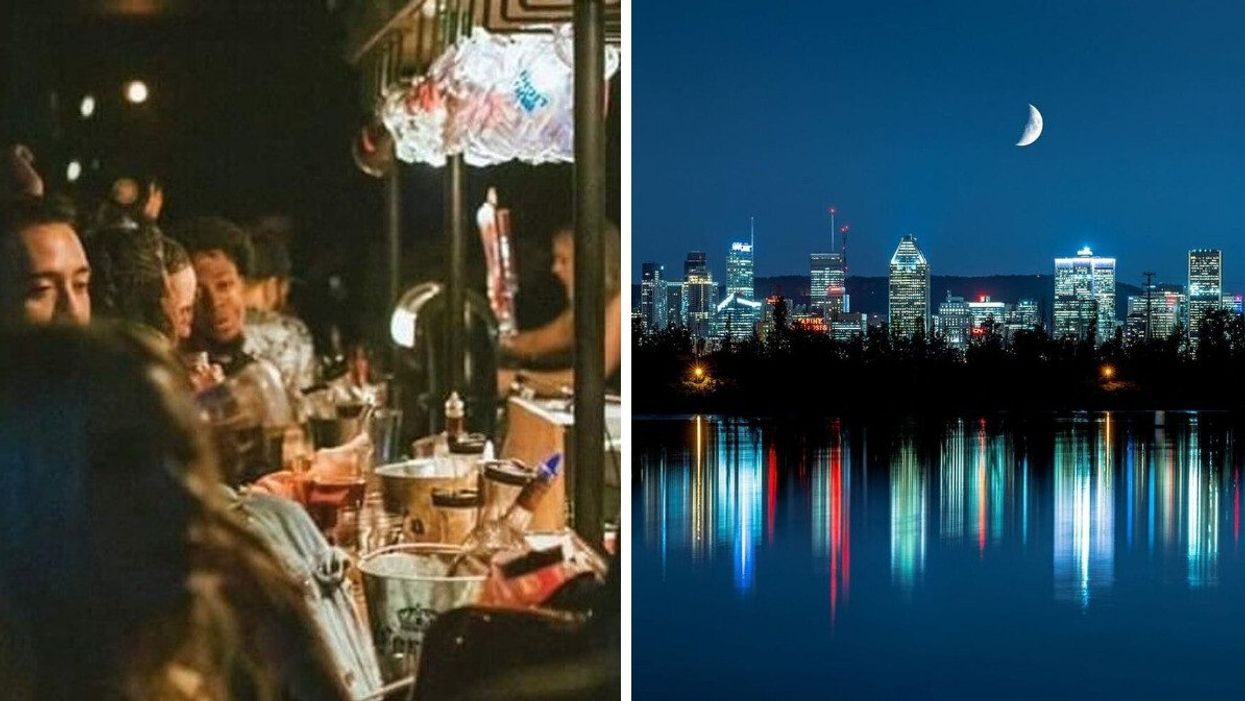 People sit at a bustling bar. Right: The Montreal skyline at night.