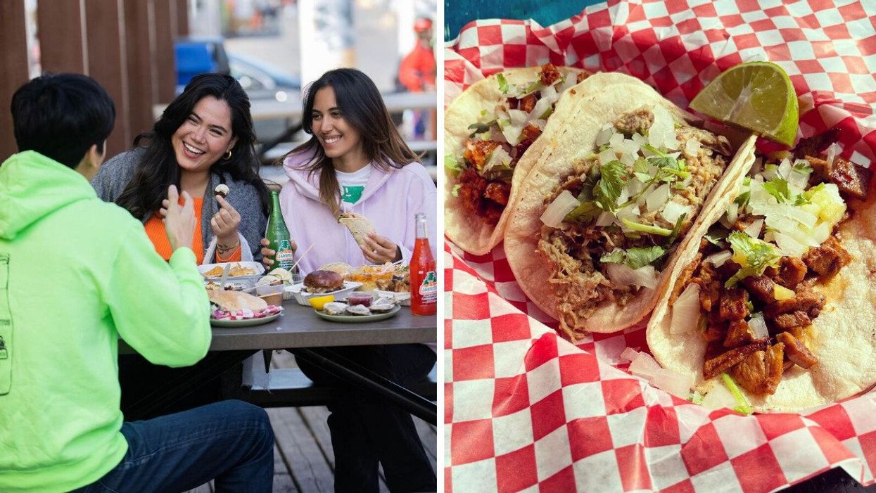 People sit at a table outdoors with bottles of Jarritos. Right: Tacos from Ta Chido.
