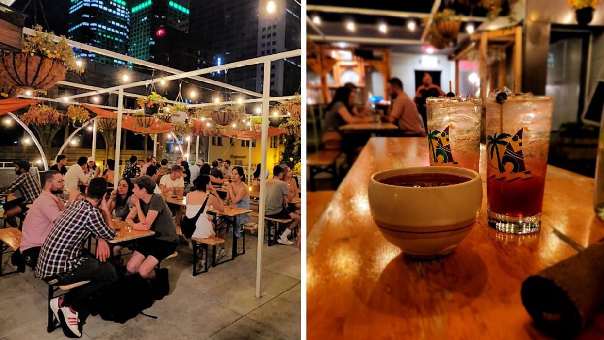 People sit at tables on the Poincaré rooftop terrasse under a canopy of hanging chili pepper plants. Right: Cocktails come in kitsch 90s glassware, while the cider is served in a bowl.