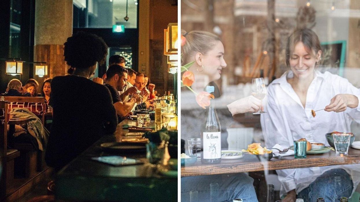 People sit at the Chifa bar and in booths. Right: Two people eating a meal in the window at Tinc Set.