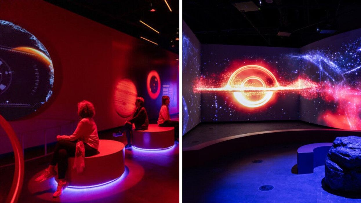 People sit in a space musuem. Right: Visuals from a Montreal space exhibit.