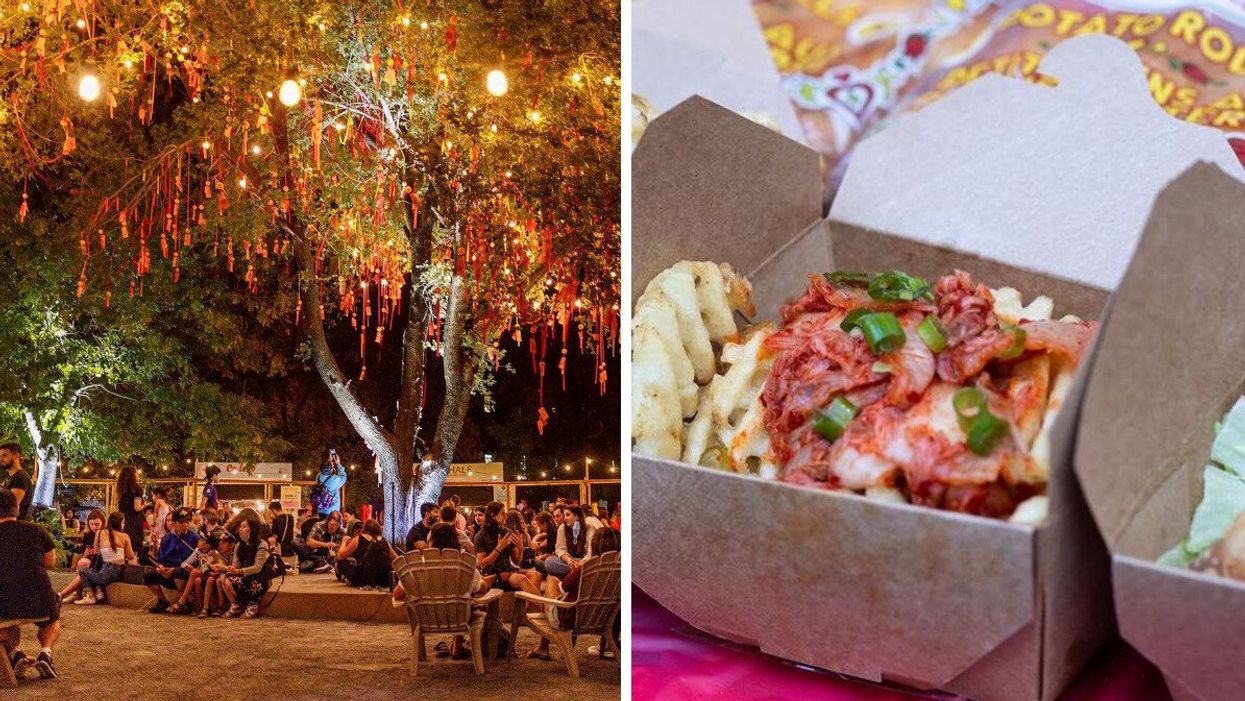 People sit under a tree covered in red ribbons. Right: Boxes filled with loaded waffle fries.