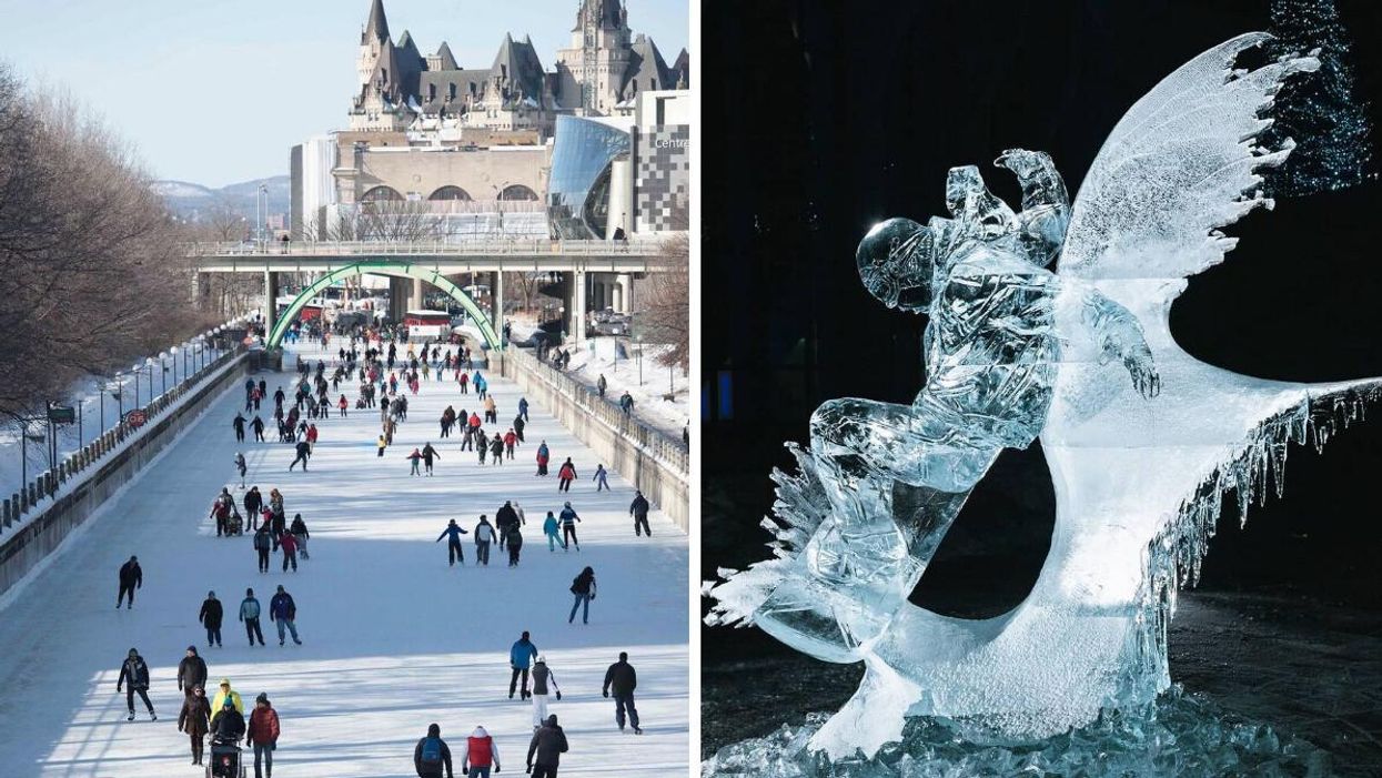 People skate on the Rideau canal. Right: An ice sculpture of a snowboarder.