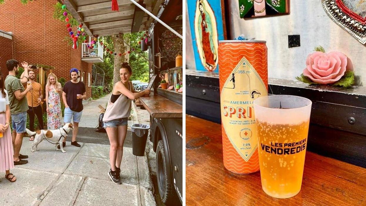 People stand in line behind an open food truck. Right: An orange can behind a cup filled with a carbonated beverage in a branded 'Les Premiers Vendredis' cup.