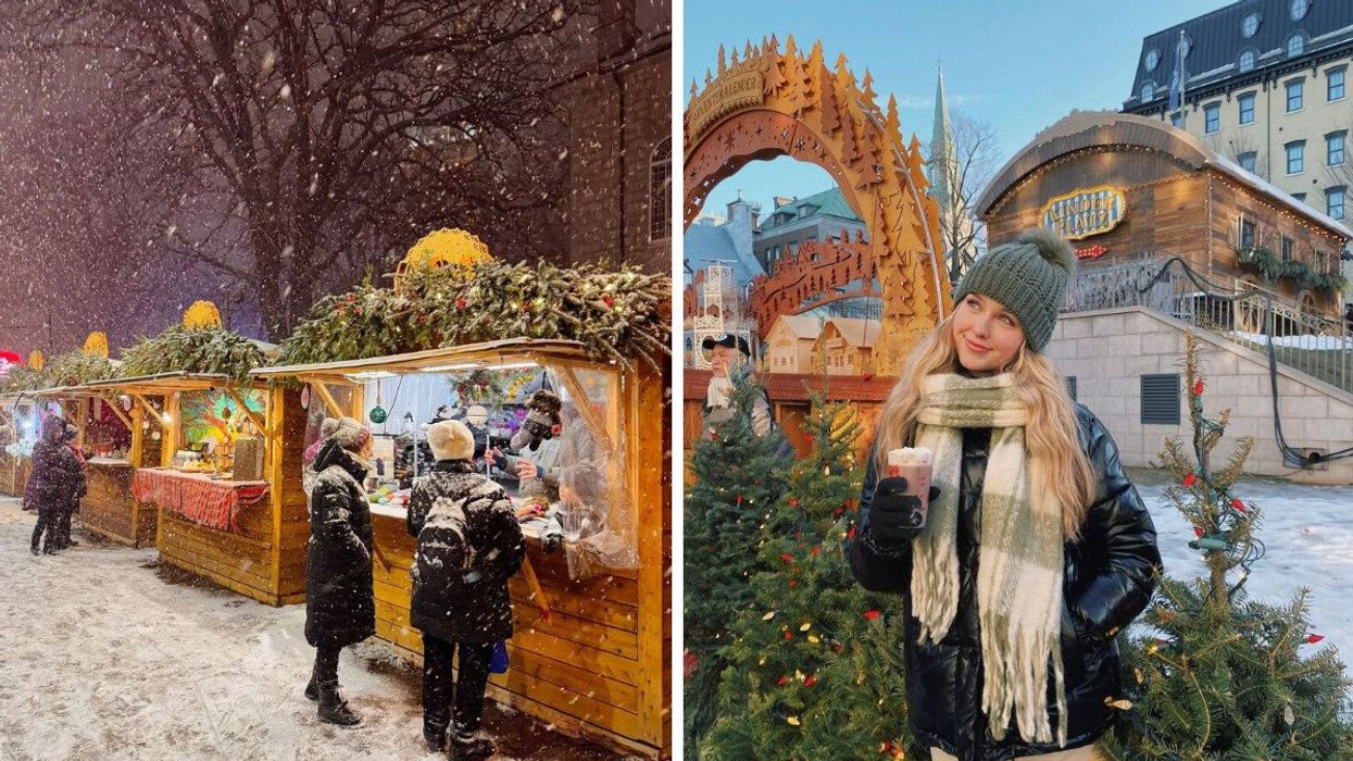 People standing at a Christmas market. Right: A person holding a drink at a Christmas market.