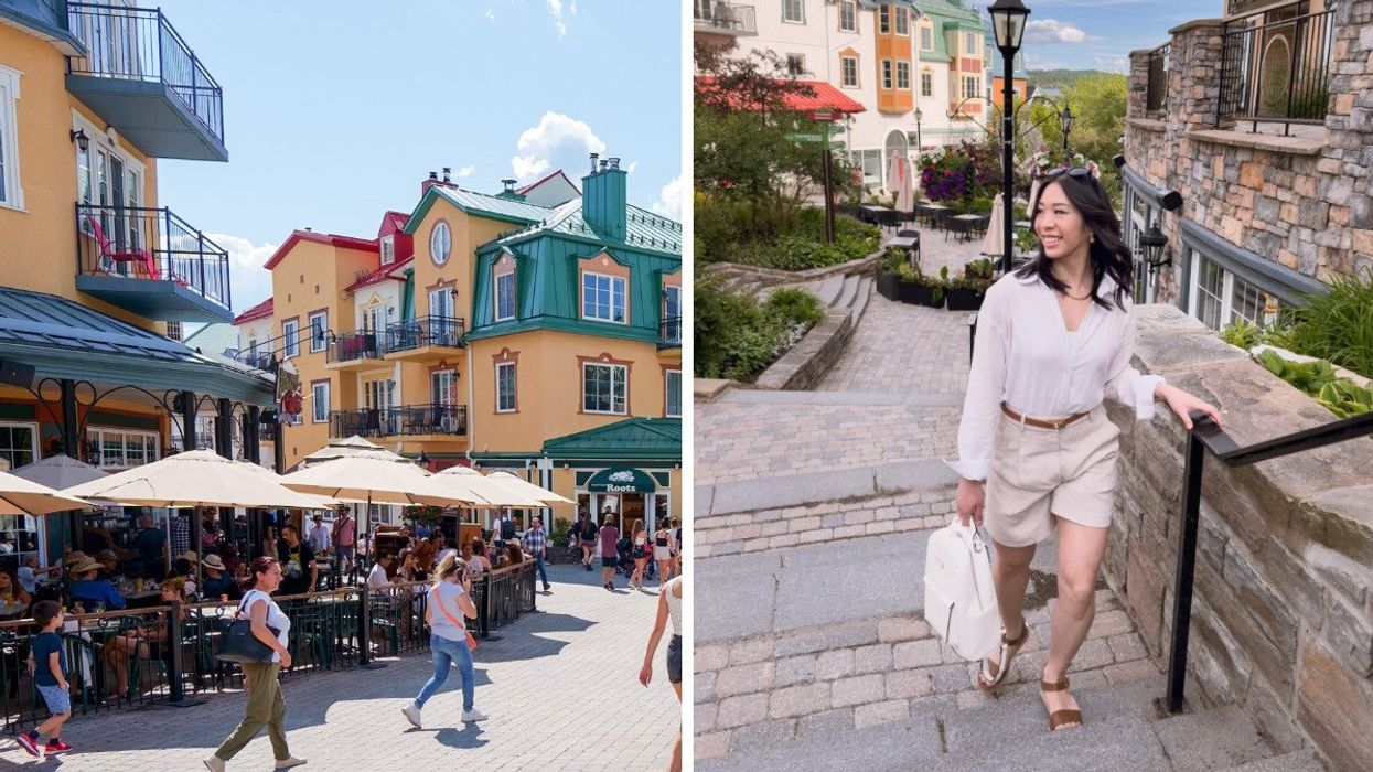 People stroll and dine under umbrellas in a lively, colorful pedestrian village. Right: A woman walks up stone steps in a quaint, flower-filled alleyway.