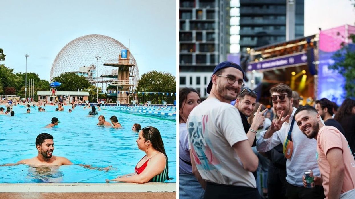 People swimming at the Parc Jean-Drapeau aquatic centre. Right: A group of people attending a Francos de Montréal concert.