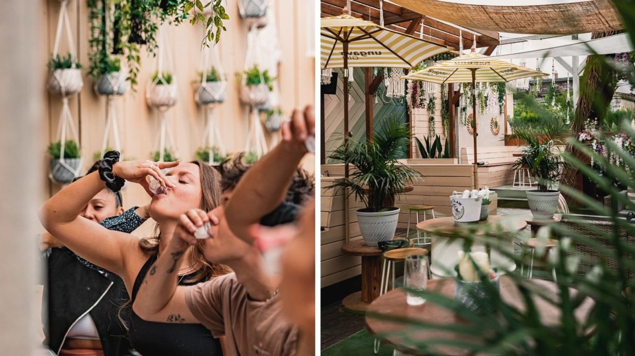 People taking shots at the Ciel Rose terrasse bar in Montreal. Right: The Ciel Rose terrasse in Montreal.