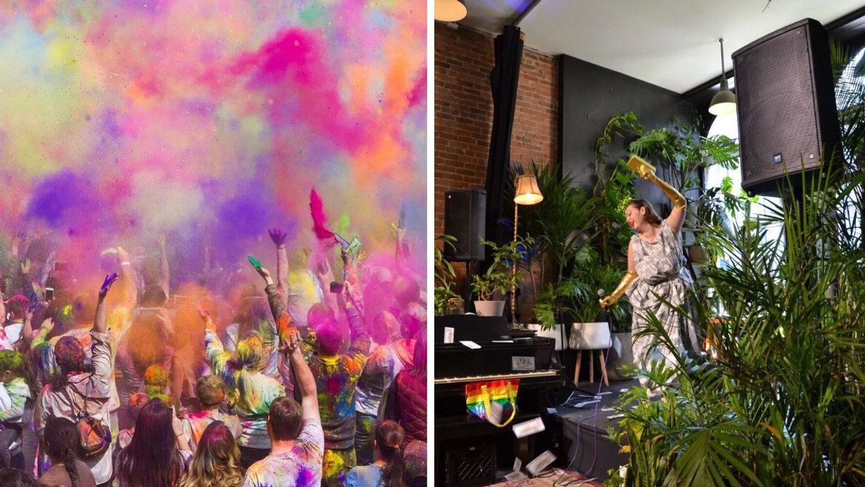 People throw coloured powder in the air at the Holi celebration in Montreal's Old Port. Right: A performer surrounded by plants at Drag Café.