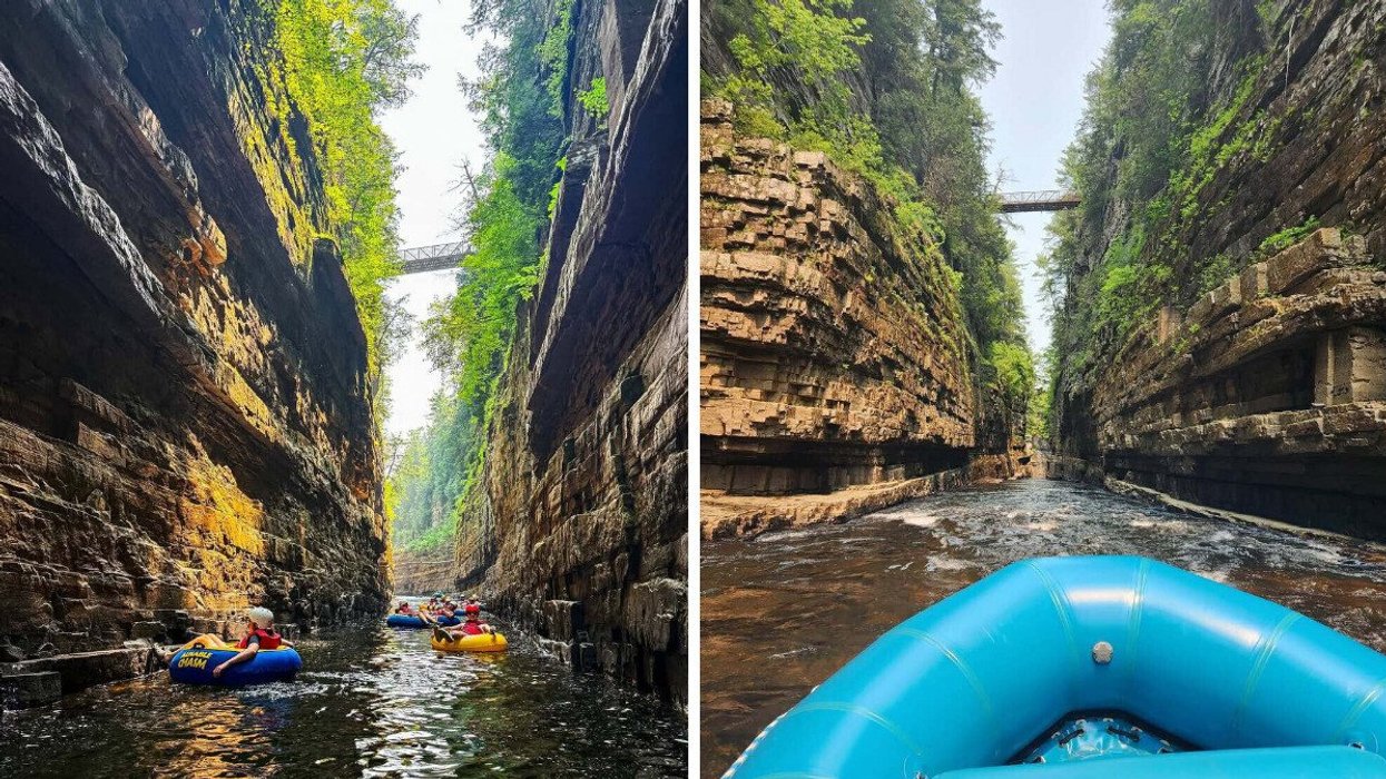 People tube through a canyon near Montreal. Right: A raft floats in a canyon near Montreal.