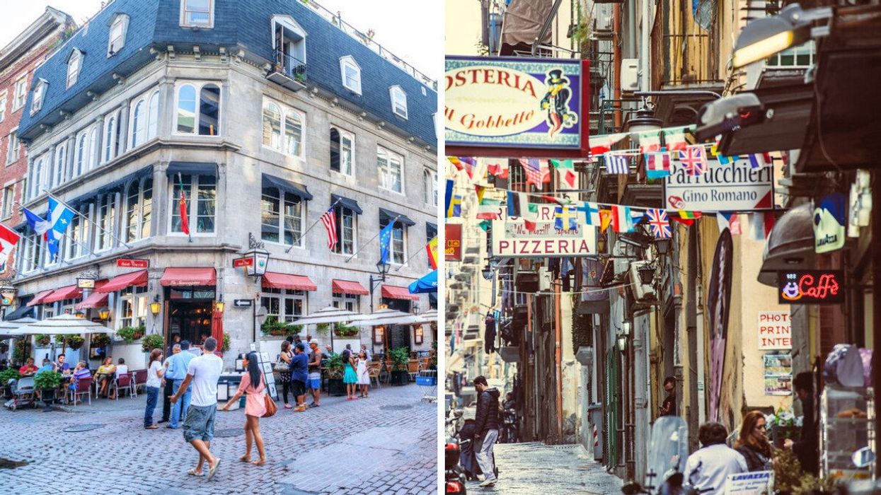 People walk around Old Montreal. Right: A small street in Naples, Italy.