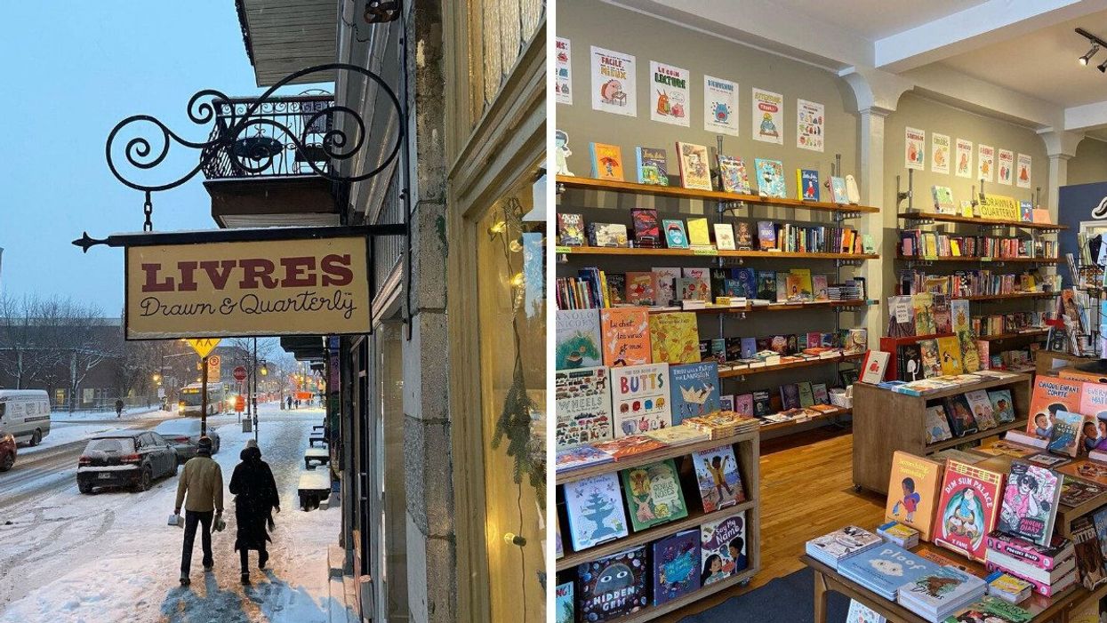 People walk in snow outside the Mile End bookstore. Right: Kids' books fill the inside of La Petite Drawn & Quarterly.