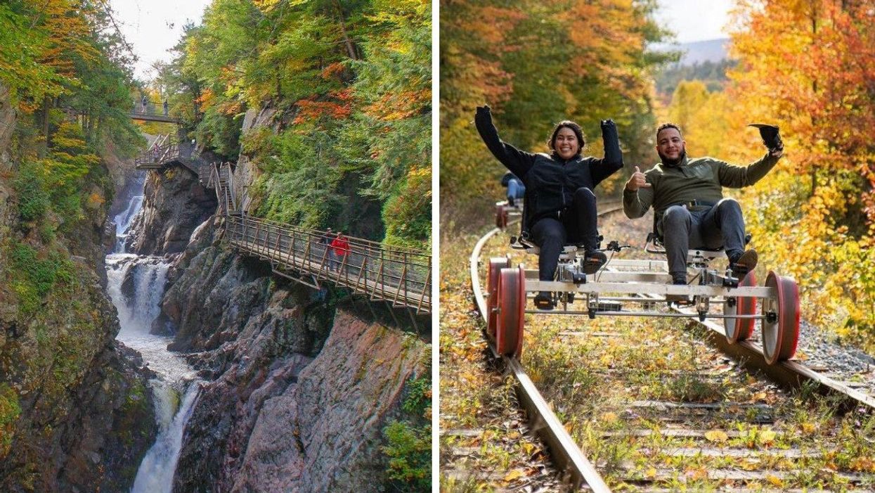 People walk on a suspended wooden path over High Falls Gorge. Right: A couple on a rail bike in the Adirondacks.