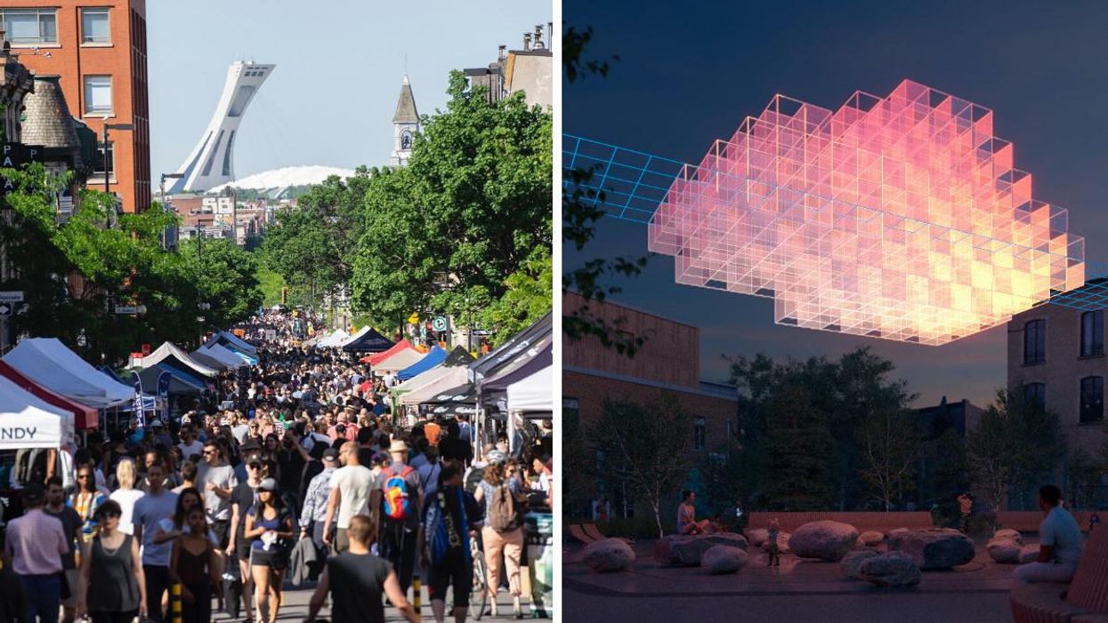 People walk past a line of tents down avenue Mont-Royal as trees and the Olympic Stadium loom in the background. Right: A night-time cubic cloud installation lit up in pink, blue, and white hangs over rocks that people are sitting on.