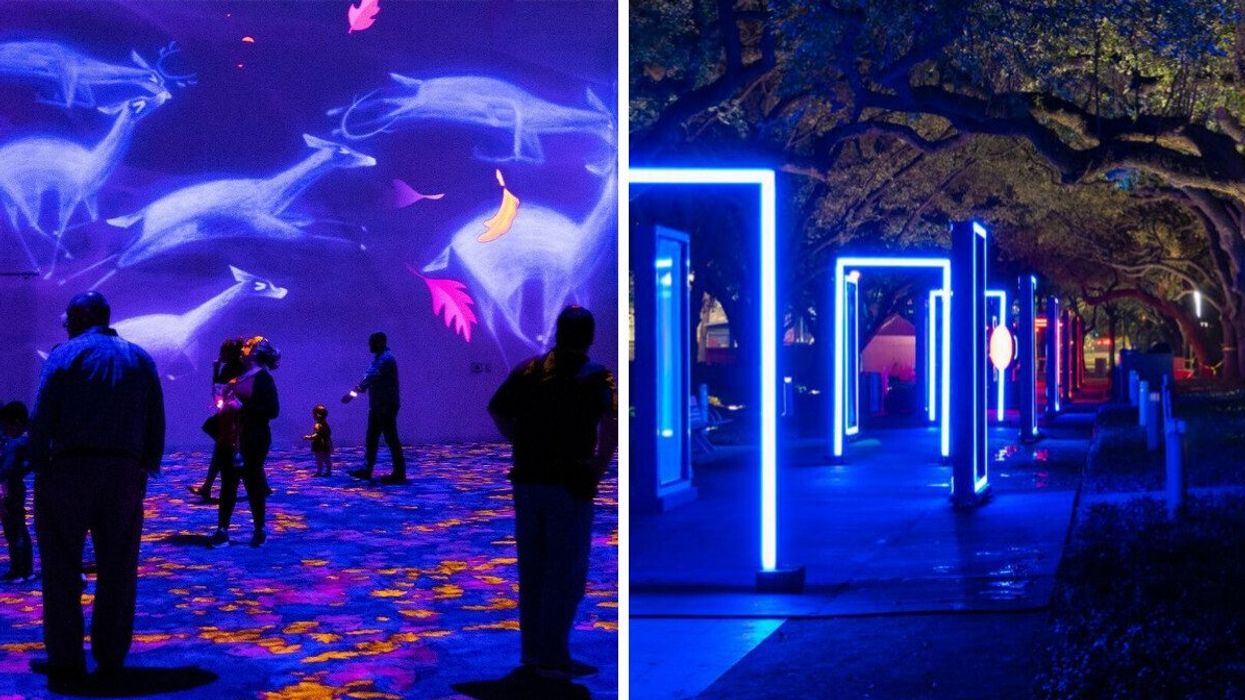 People walk through 360-degree Disney projections at Montreal's Arsenal Contemporary Art gallery. Right: Neon-lit doorways in downtown.