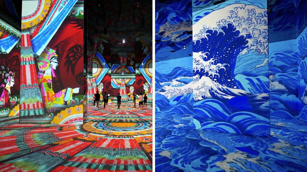 People walk through a giant room filled with Chinese art projections. Right: The famous "Great Wave" painting projected floor to ceiling.