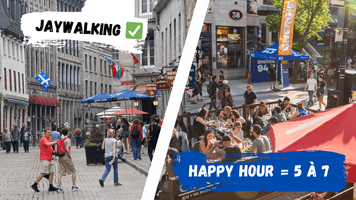 People walking around Old Montreal. Right: People drinking on St-Denis street in Montreal.