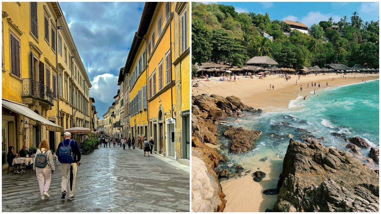 People walking in an Italian town. RIght: A beach in Mexico.