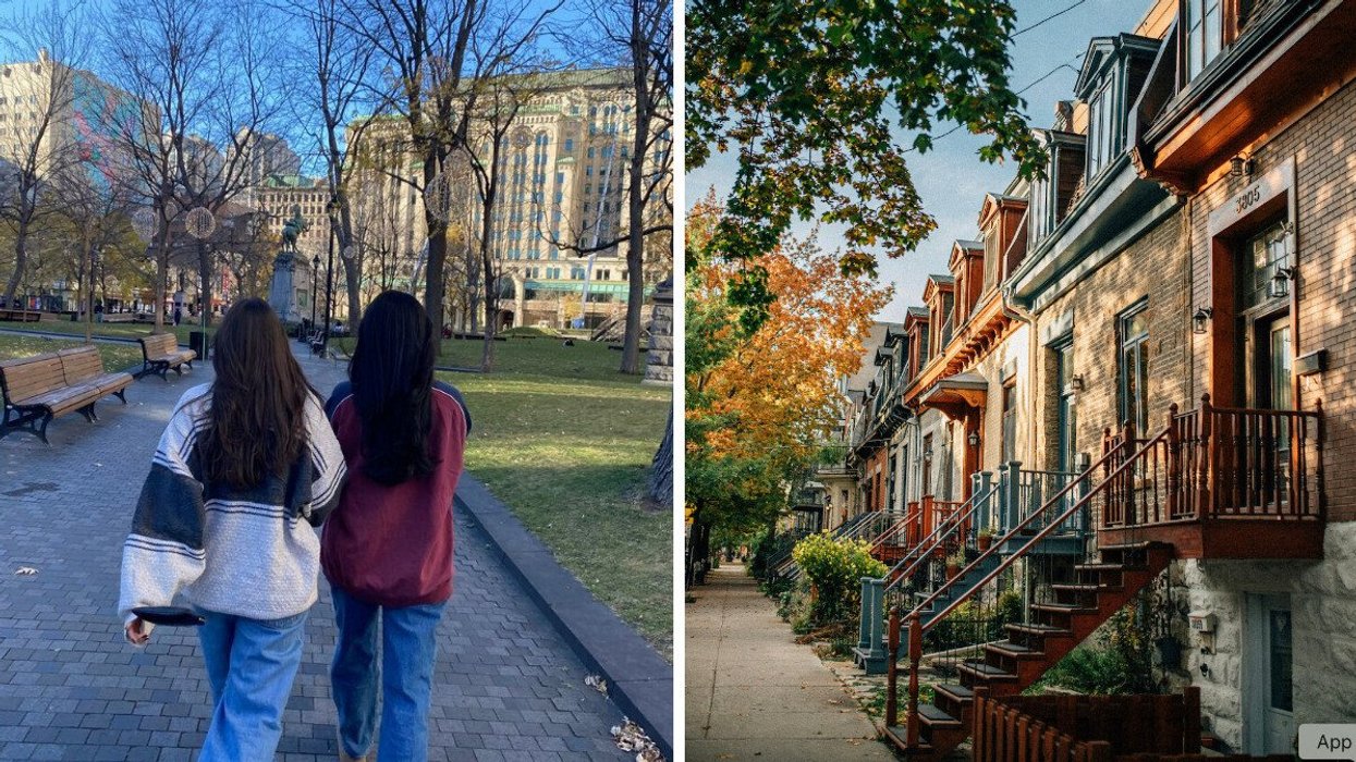 People walking in Montreal. Right: A Montreal street.
