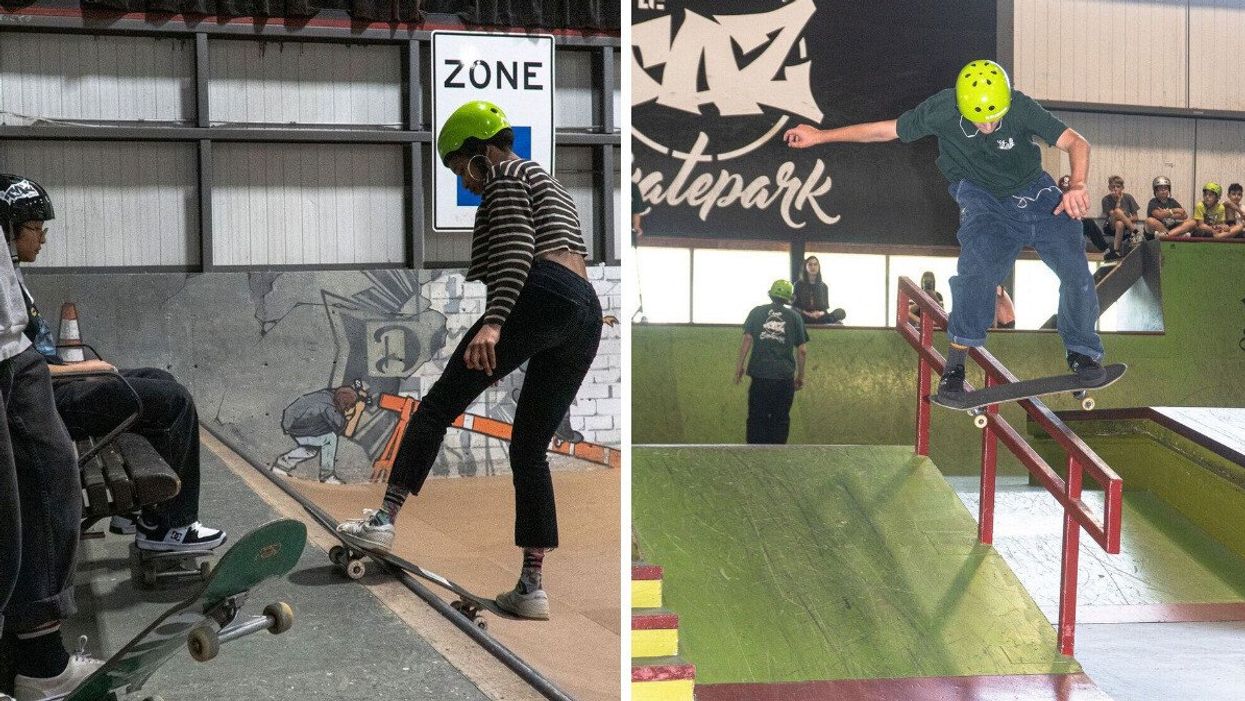 People wearing neon yellow helmets skateboard at Le Taz.