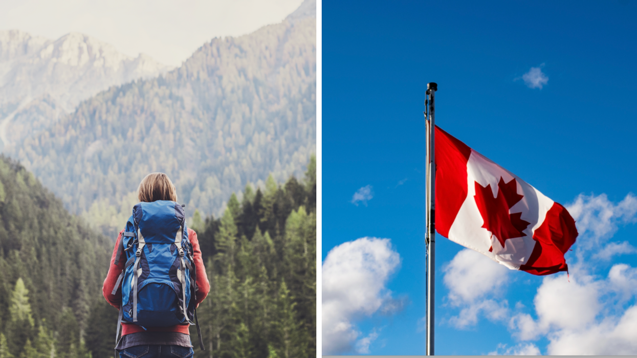 Person backpacking through the alps. Right: Canadian flag.