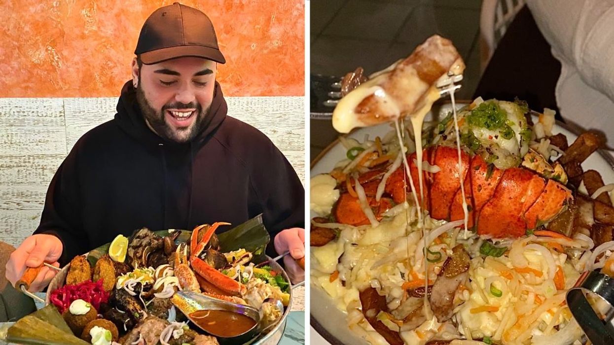 Person eating the tasting platter from Kwizinn in Montreal, Right: Lobster poutine from Kwizinn in Montreal.